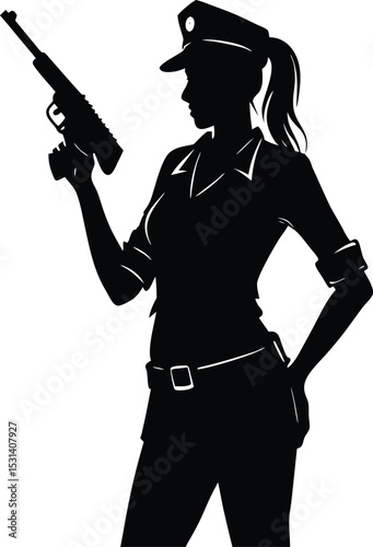 Armed Police Officer Standing Side Silhouette Vector Illustration