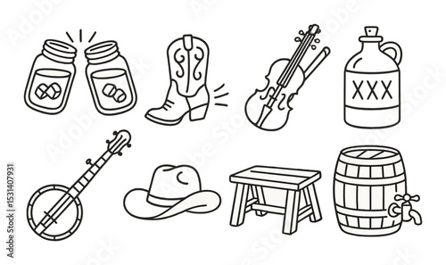 Country music icon set. cowboy, guitar, hat, boots, linear banjo, barrel vector icons.