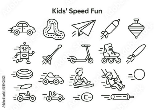 Kids' speed fun set: playground silhouette car, rocket, robot, scooter, airplane vector icons