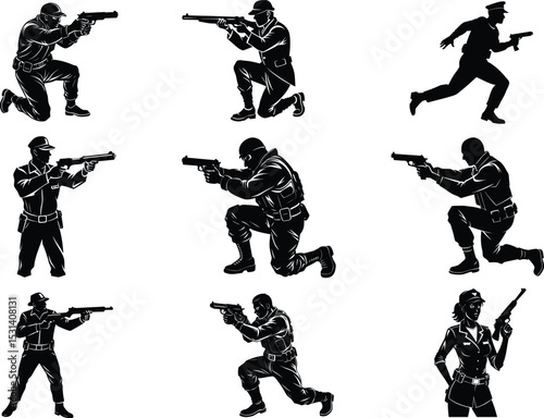 Set of Tactical Police Action Poses Vector Silhouettes