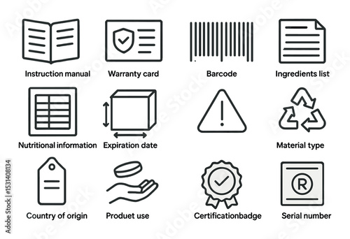 Packaging info set. linear icons: manual, warranty, barcode, recycling, certification vector icons.