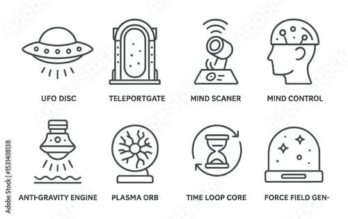 Futuristic device set. sci-fi linear icons: ufo, teleport, mind control, time loop vector icons.
