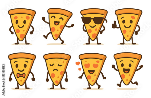 Pizza slice emoticon set. cartoon, playful, happy, sad, heart, sunglasses vector icons.