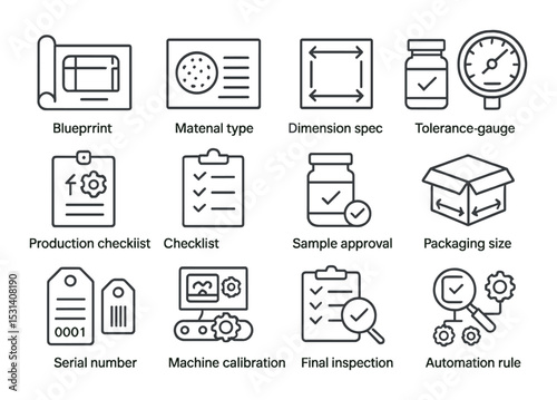 Blueprint icon set. manufacturing linear icons: spec, gauge, checklist, packaging, automation