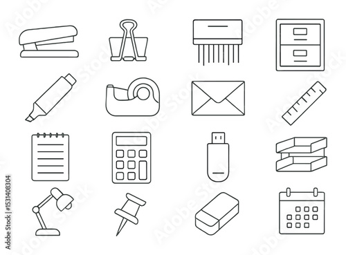 Office supplies set. workplace tools linear icons. stapler, binder clip, shredder, ruler vector icons.