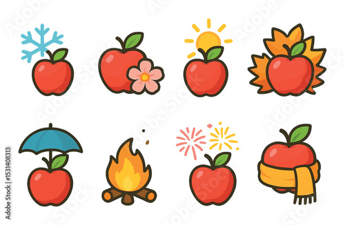 Apple season set. autumn, summer, spring, winter themed apples flat icons, vector icons.