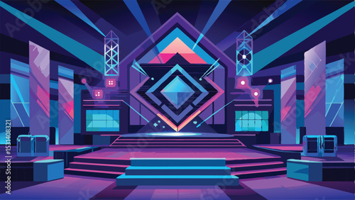 Futuristic stage design with geometric shapes and vibrant neon lights for concert events