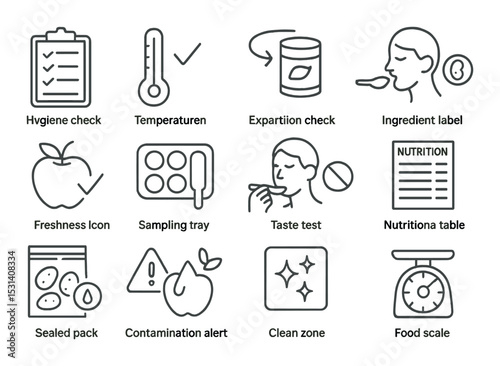 Food safety set. kitchen inspection linear icons. hygiene, temperature, nutrition, label vector icons.