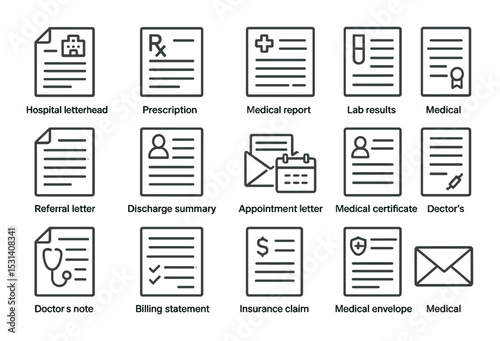 Medical document set. hospital paperwork linear icons. prescription, report, billing, appointment vector icons.