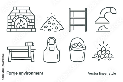Forge environment set. blacksmith tools linear icons. fireplace, anvil, apron, coal vector icons.