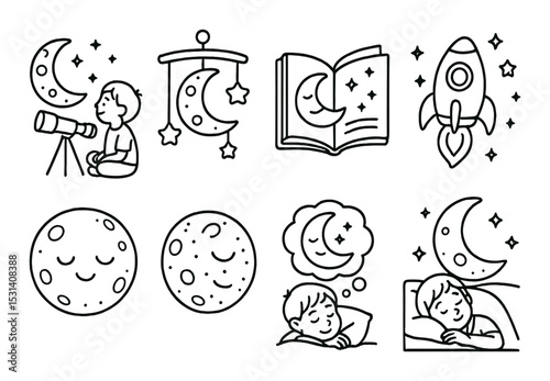 Astronomy night set. celestial dreams linear icons: moon, child, telescope, rocket, sleep