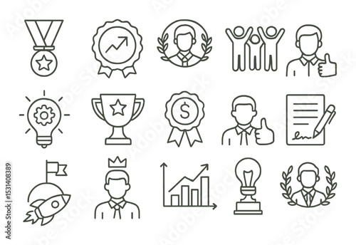 Business achievement icon set. success, trophy, team, graph, ideas, linear vector icons.