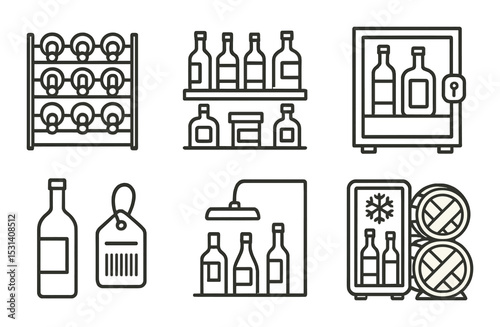 Wine storage set. beverage preservation linear wine, rack, fridge, shelf, tag, barrel vector icons.