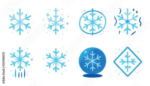 Snowflake icon set. winter decorative flat icons. frost, ice, crystal, snow, cold vector icons.