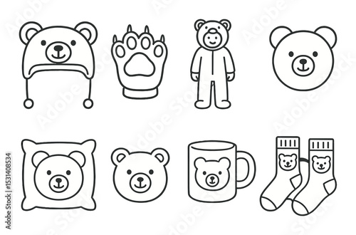 Bear icon set. cute animal linear icons. hat, paw, toy, cushion, mug, socks vector icons.