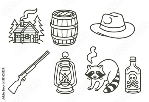 Rustic set. wilderness silhouette icons. cabin, barrel, hat, rifle, lantern, raccoon vector icons.