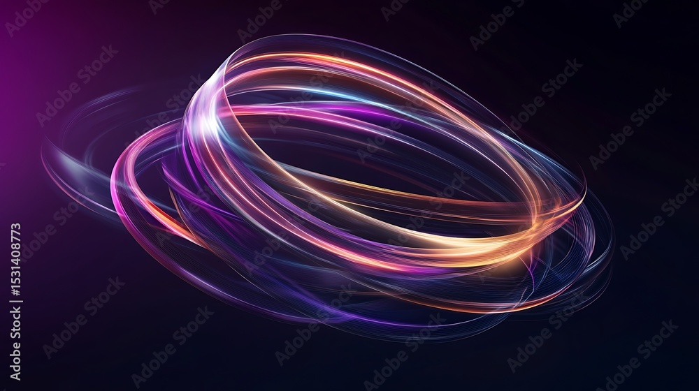 A holographic logo composed of intersecting transparent rings, with light beams passing through in a dark setting A holographic logo composed of intersecting transparent rings, with light beams passing through in a dark setting