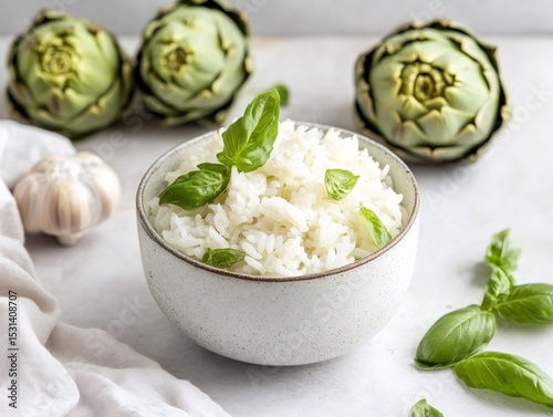Bowl of cooked rice with artichokes, garlic and basil leaves