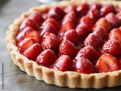 Delicious homemade strawberry tart garnished with icing sugar