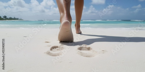 Woman walking on tropical beach leaving footprints in white sand