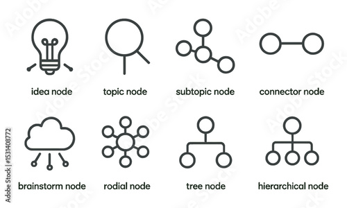 Node set. idea, topic, subtopic, connector, brainstorm, rodial, tree silhouette vector icons.
