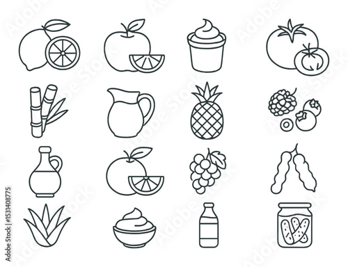 Fruit and beverage set. silhouette drinks and fruits: lime, cup, pineapple, bottle icons.