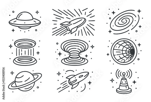 Space adventure set: linear style ufo, rocket, galaxy, portal, telescope vector icons