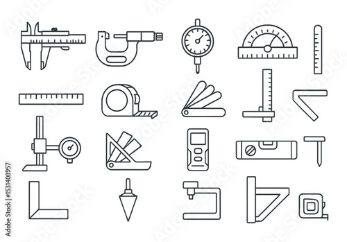 Measuring tool set. linear ruler, caliper, protractor, level, gauge, compass vector icons.