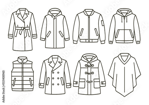 Outerwear clothing set. jacket, coat, hoodie, poncho, parka, vest linear vector icons