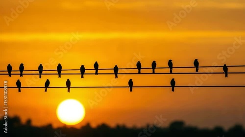 Flock of birds sitting on power lines against sunset backdrop  