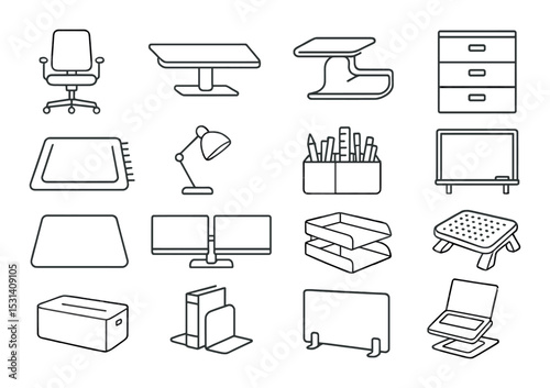 Office desk set. workspace flat furniture: chair, desk, lamp, monitor, organizer vector icons