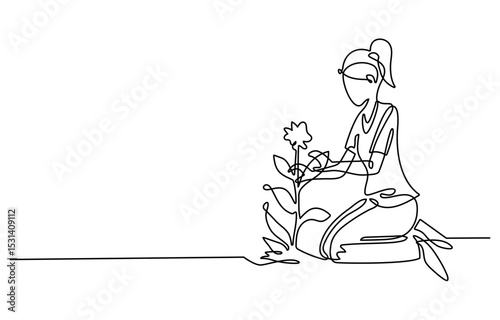Continuous one line drawing of woman planting plant on the ground. Gardening single line draw vector illustration. Editable vector.