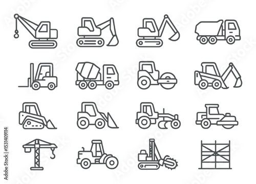 Construction machinery set. industrial equipment linear crane, excavator, bulldozer vector icons.
