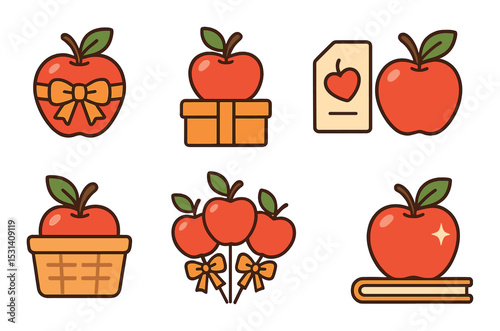 Apple gift set. fruit-themed flat apples, basket, gift, tag, book vector icons.