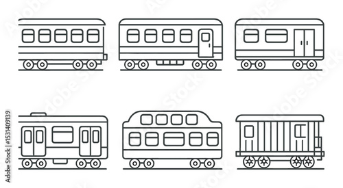 Train carriage set. transport flat locomotives. passenger, freight, caboose, coach vector icons.