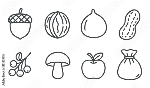 Nut and fruit set. harvest flat icons: acorn, walnut, fig, peanut, apple, berry vector icons.