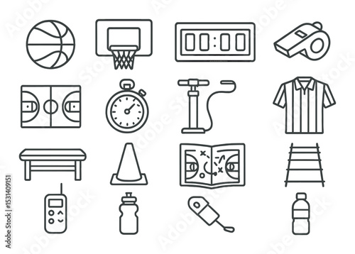 Sports equipment set. gym and outdoor activities silhouette ball, whistle, stopwatch vector icons.