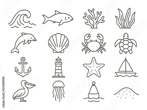 Marine life icon set. ocean linear icons: wave, fish, coral, seaweed, anchor, vector icons.
