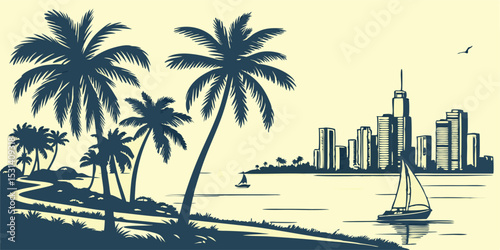 Tropical Miami Skyline Silhouette with Iconic Buildings and Beachfront Scene