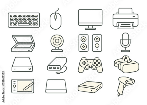 Electronic device set: linear icons of keyboard, mouse, monitor, printer, scanner, vector icons