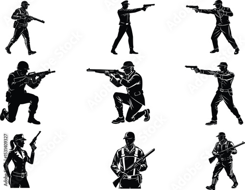 Set of Police Silhouettes in Tactical Poses Vector Art