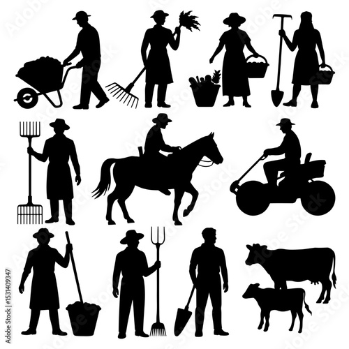 Silhouettes of farmers and farm animals in black