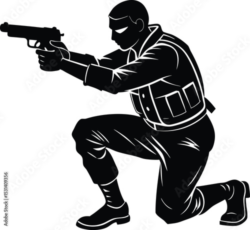 Sitting SWAT Agent Holding Pistol Silhouette Art