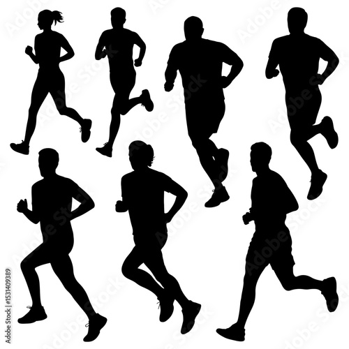 Silhouette of people running in various positions