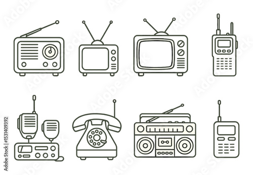 Vintage communication device set. retro tv, radio, phone, walkie-talkie, boombox silhouette icons