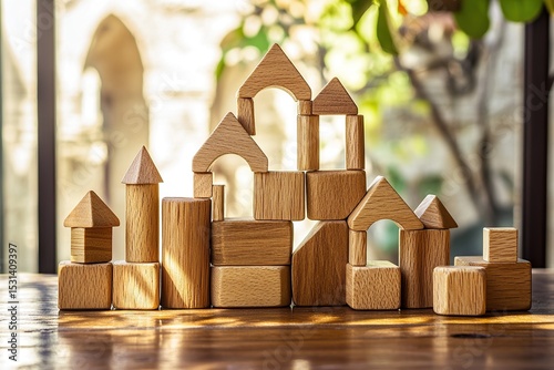 Wooden blocks of different sizes on the table, one building block has fallen down and is about to topple photo