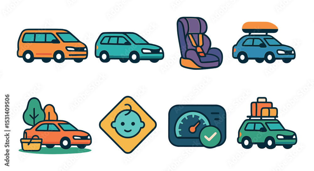 Naklejka premium Car travel set. transportation flat icons. car, van, speedometer, luggage, gps vector icons.