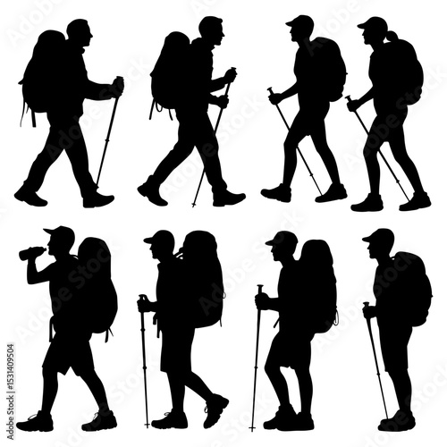 Silhouettes of hikers with backpacks and trekking poles