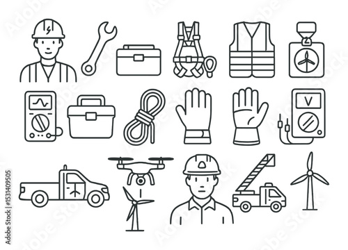 Electricity worker set. safety equipment linear icons: toolbox, drone, windmill vector icons
