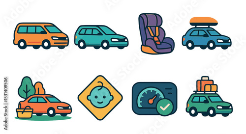 Car travel set. transportation flat icons. car, van, speedometer, luggage, gps vector icons.